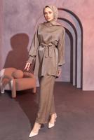 Tesettür giyim KAHVE KUŞAKLI PANTOLONLU TAKIM T 3514