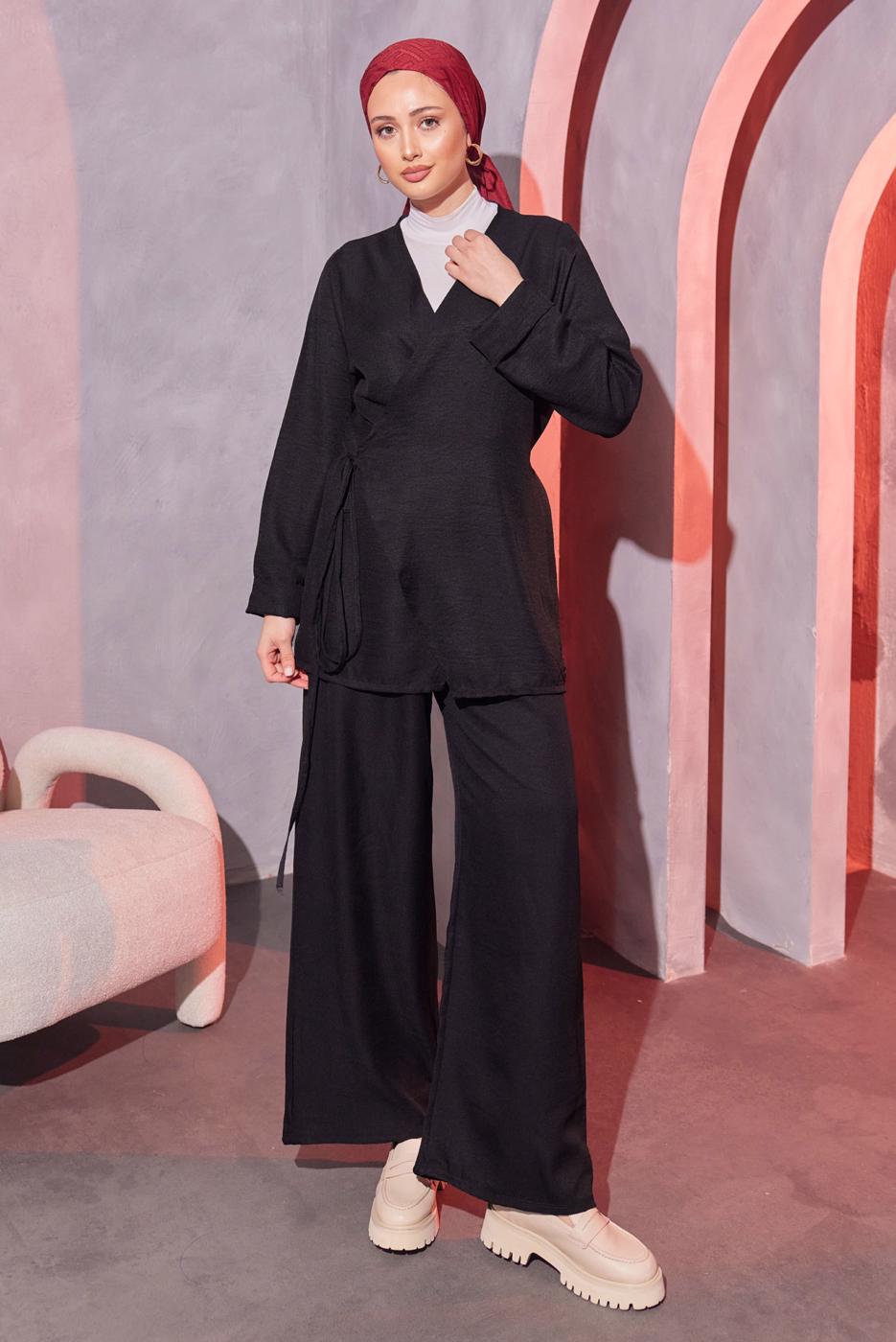 Tesettür giyim SİYAH ÇAPRAZ BAĞLAMALI PANTOLONLU TAKIM T 3604