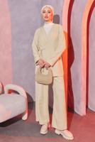 Tesettür giyim BEJ ÇAPRAZ BAĞLAMALI PANTOLONLU TAKIM T 3604