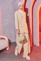 Tesettür giyim BEJ ÇAPRAZ BAĞLAMALI PANTOLONLU TAKIM T 3604