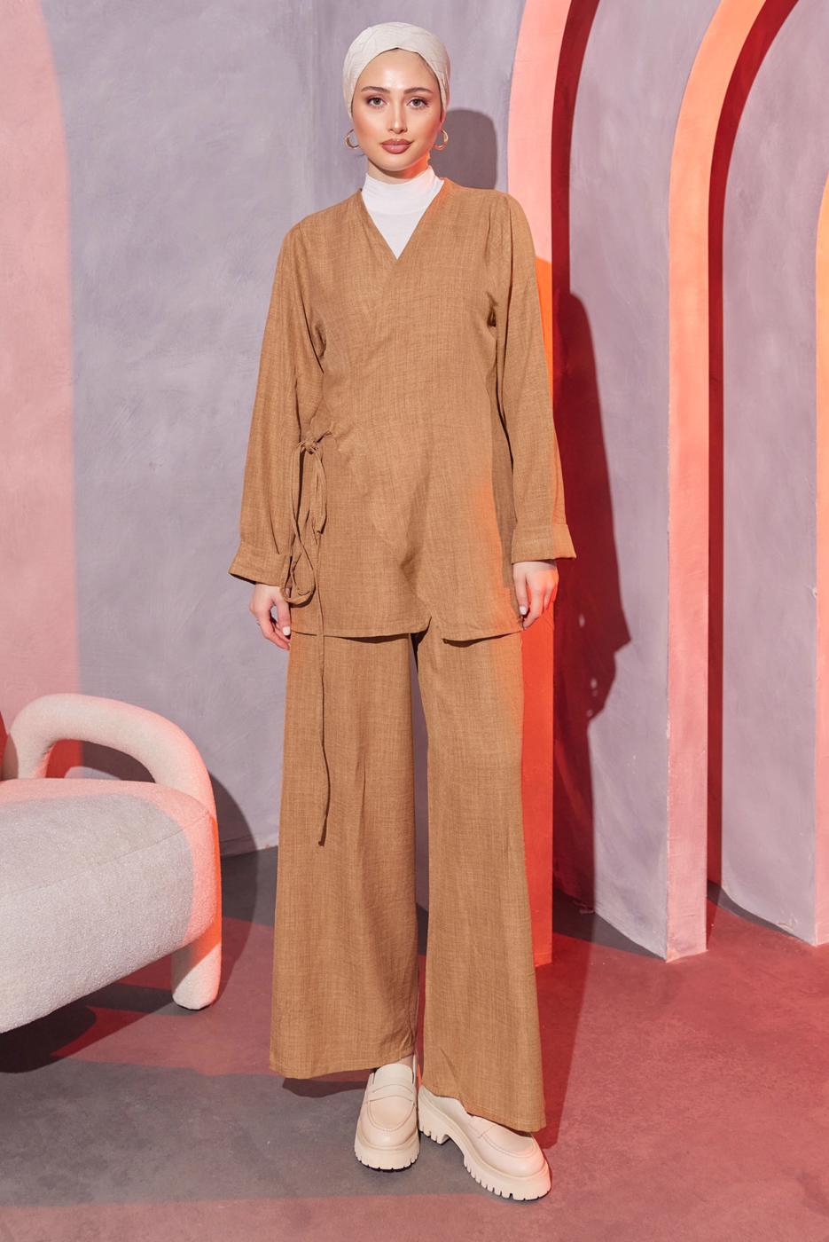 Tesettür giyim KAHVE ÇAPRAZ BAĞLAMALI PANTOLONLU TAKIM T 3604