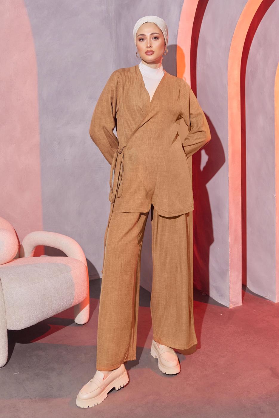 Tesettür giyim KAHVE ÇAPRAZ BAĞLAMALI PANTOLONLU TAKIM T 3604