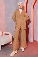 Tesettür giyim KAHVE ÇAPRAZ BAĞLAMALI PANTOLONLU TAKIM T 3604