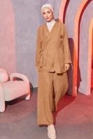 Tesettür giyim KAHVE ÇAPRAZ BAĞLAMALI PANTOLONLU TAKIM T 3604