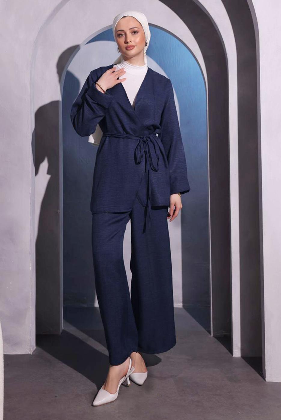 Tesettür giyim LACİVERT ÇAPRAZ BAĞLAMALI PANTOLONLU TAKIM T 3604