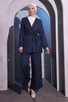 Tesettür giyim LACİVERT ÇAPRAZ BAĞLAMALI PANTOLONLU TAKIM T 3604