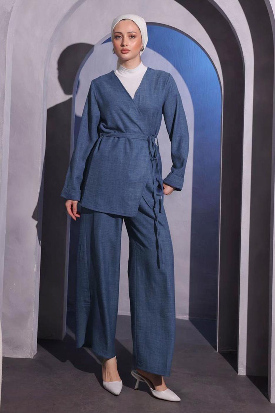Tesettür giyim LACİVERT ÇAPRAZ BAĞLAMALI PANTOLONLU TAKIM T 3604