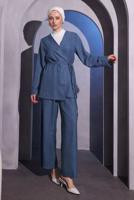 Tesettür giyim LACİVERT ÇAPRAZ BAĞLAMALI PANTOLONLU TAKIM T 3604