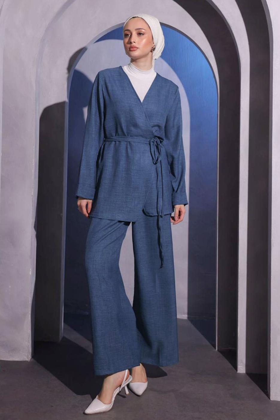 Tesettür giyim LACİVERT ÇAPRAZ BAĞLAMALI PANTOLONLU TAKIM T 3604