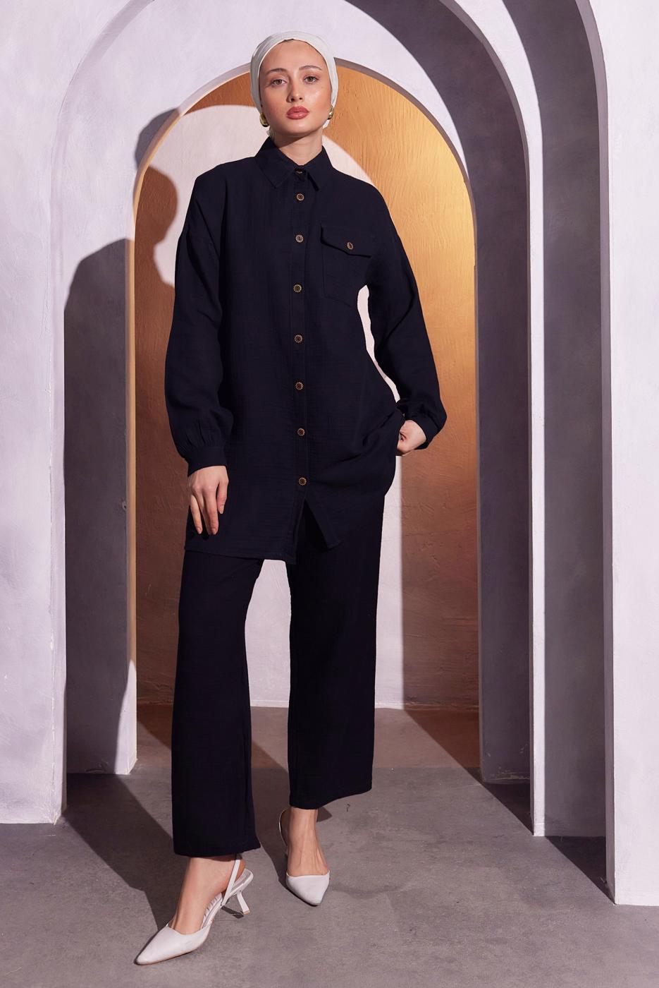 Tesettür giyim SİYAH PANTOLONLU MÜSLİN TAKIM T 3904