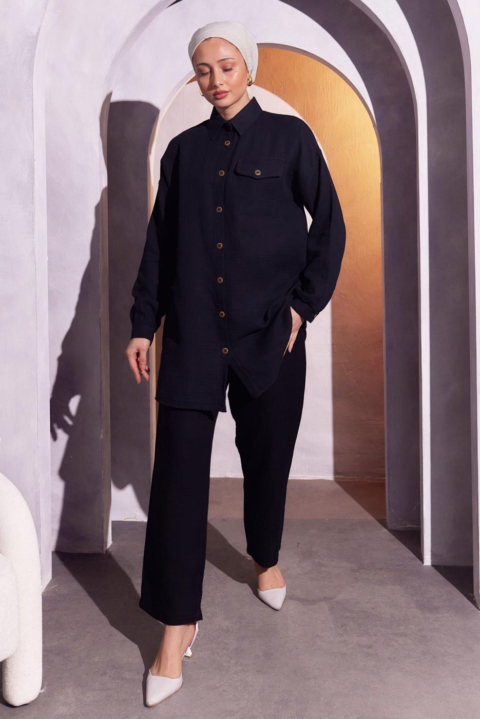 Tesettür giyim SİYAH PANTOLONLU MÜSLİN TAKIM T 3904