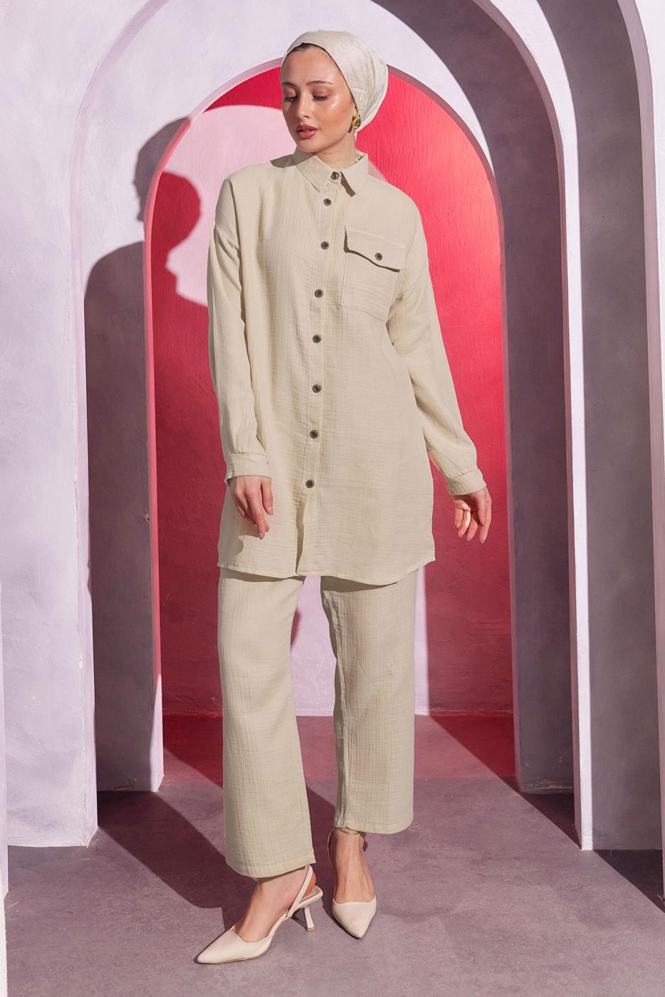 Tesettür giyim BEJ PANTOLONLU MÜSLİN TAKIM T 3904