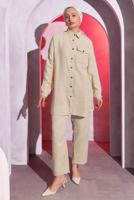 Tesettür giyim BEJ PANTOLONLU MÜSLİN TAKIM T 3904