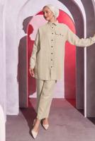 Tesettür giyim BEJ PANTOLONLU MÜSLİN TAKIM T 3904