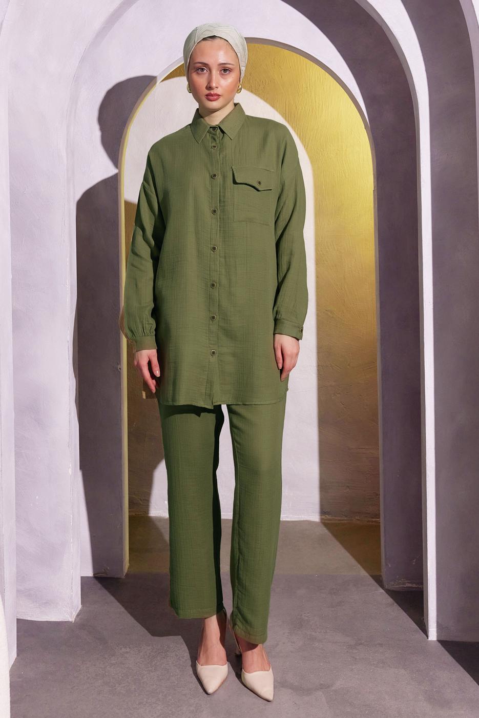 Tesettür giyim HAKİ PANTOLONLU MÜSLİN TAKIM T 3904