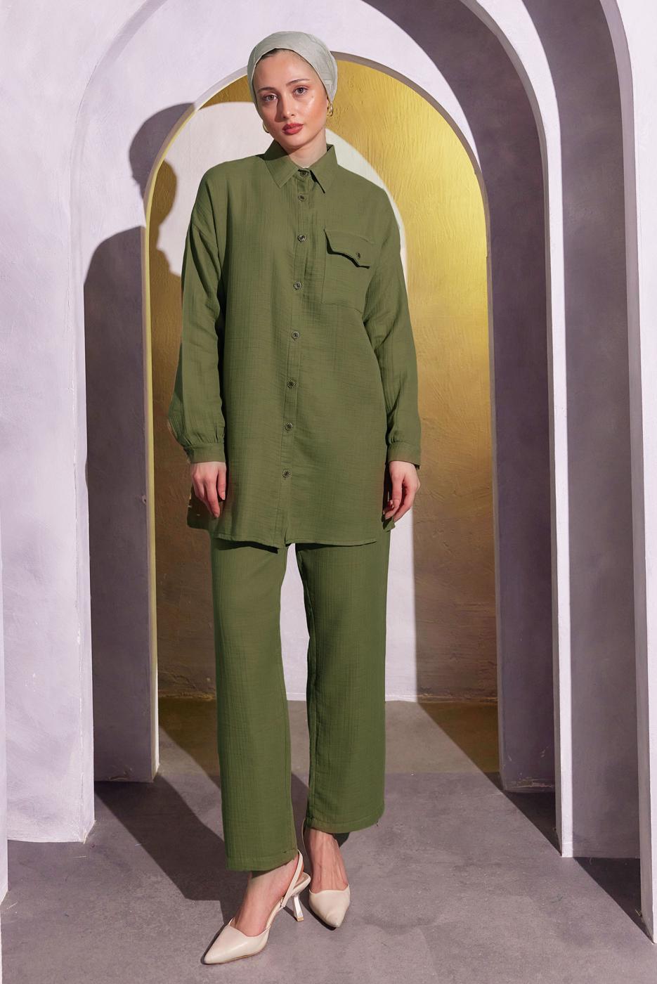 Tesettür giyim HAKİ PANTOLONLU MÜSLİN TAKIM T 3904