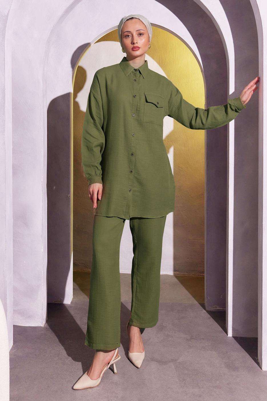 Tesettür giyim HAKİ PANTOLONLU MÜSLİN TAKIM T 3904