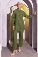 Tesettür giyim HAKİ PANTOLONLU MÜSLİN TAKIM T 3904