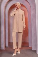 Tesettür giyim BEJ GÖMLEK YAKA PANTOLONLU TAKIM T 3936