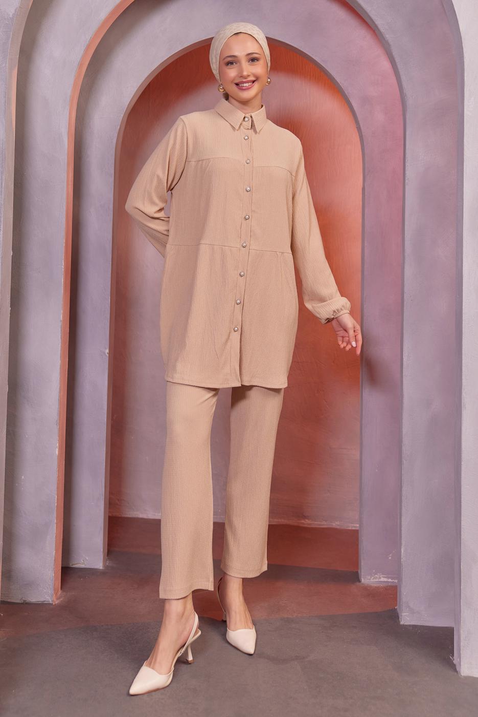Tesettür giyim BEJ GÖMLEK YAKA PANTOLONLU TAKIM T 3936