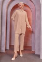 Tesettür giyim BEJ GÖMLEK YAKA PANTOLONLU TAKIM T 3936