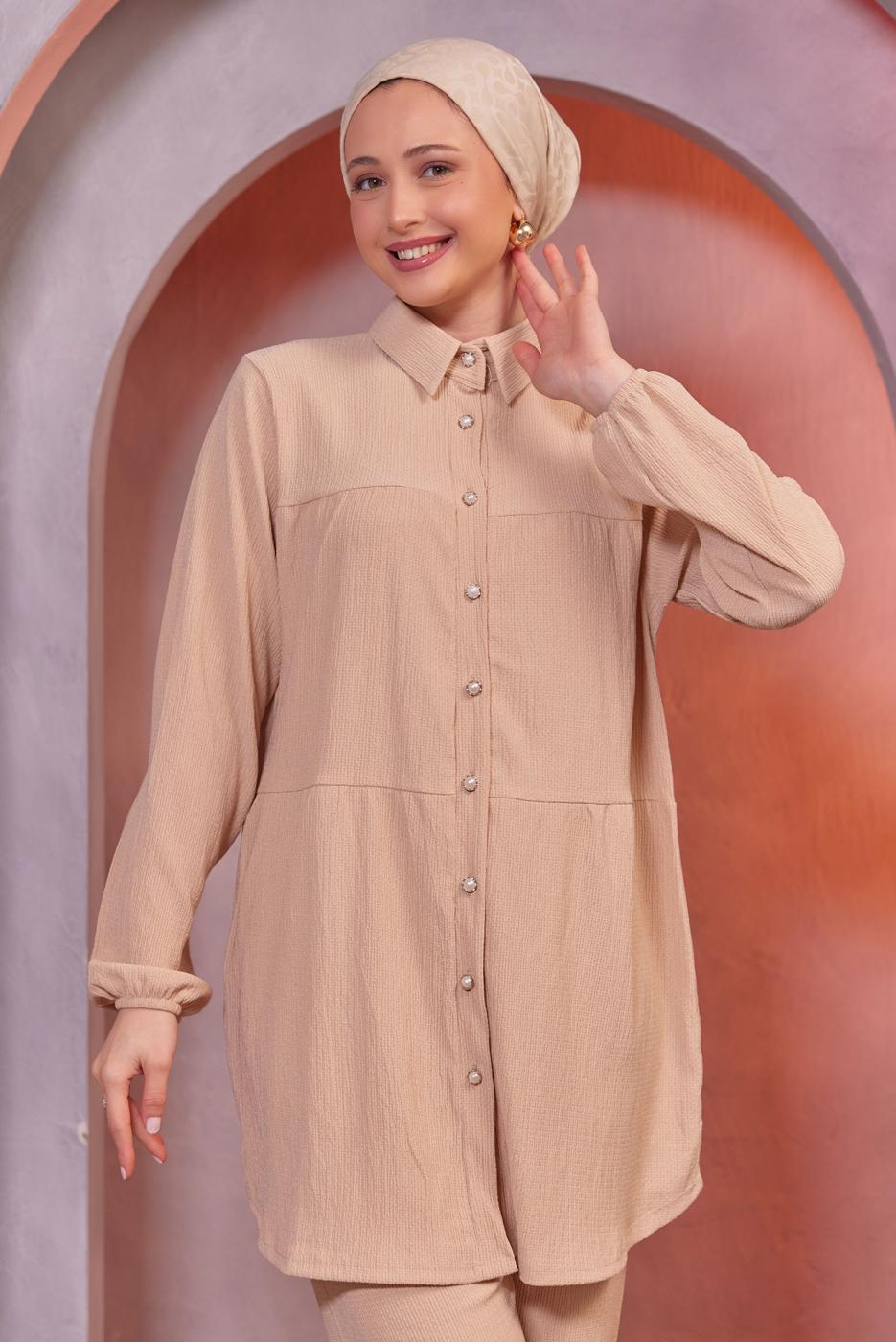 Tesettür giyim BEJ GÖMLEK YAKA PANTOLONLU TAKIM T 3936