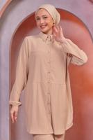 Tesettür giyim BEJ GÖMLEK YAKA PANTOLONLU TAKIM T 3936