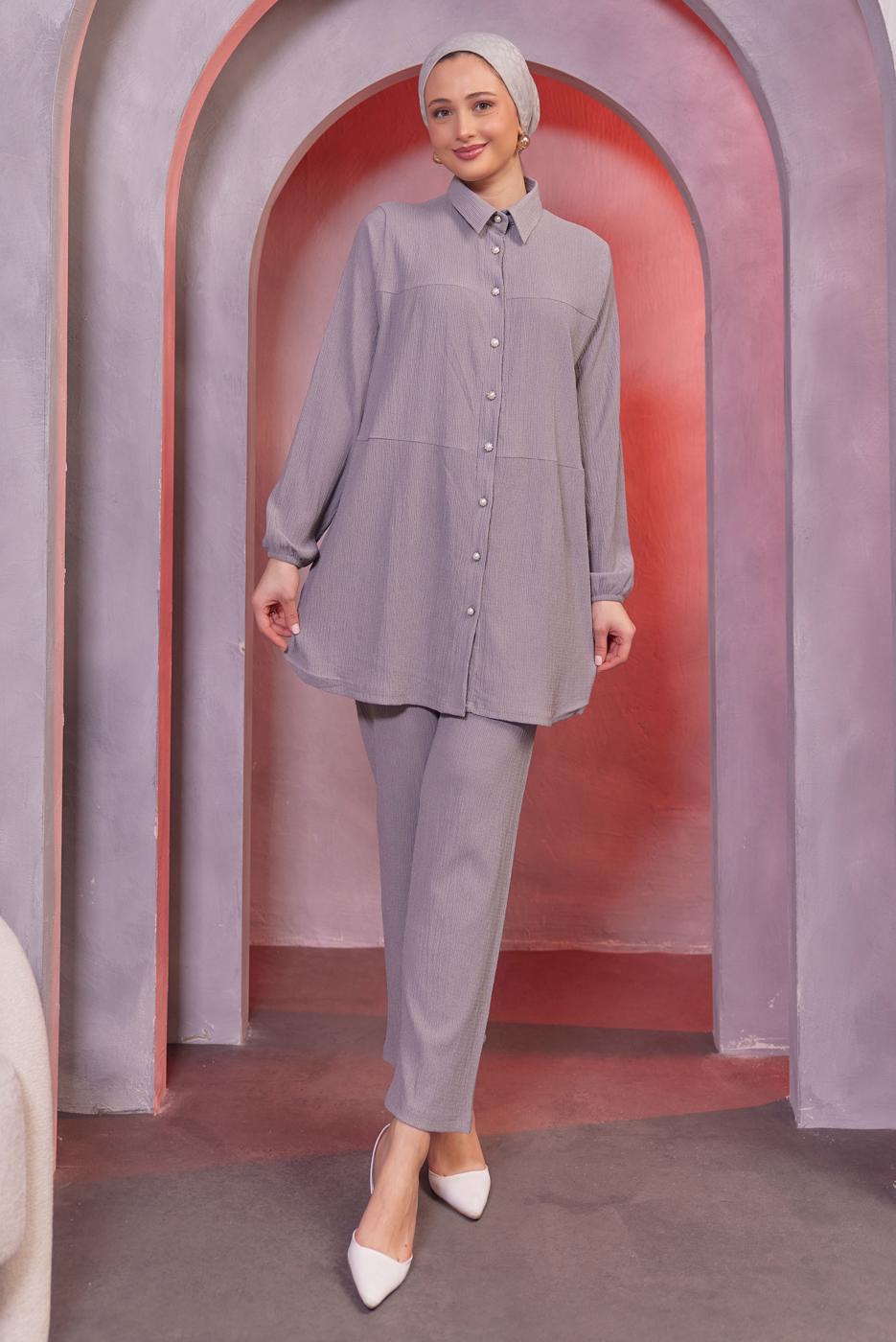 Tesettür giyim GRİ GÖMLEK YAKA PANTOLONLU TAKIM T 3936
