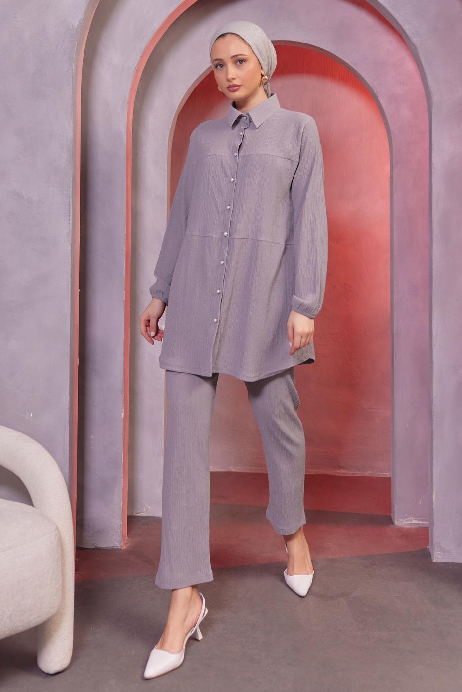 Tesettür giyim GRİ GÖMLEK YAKA PANTOLONLU TAKIM T 3936