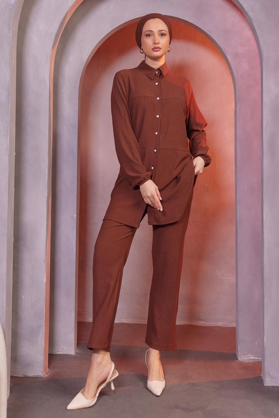 Tesettür giyim KAHVE GÖMLEK YAKA PANTOLONLU TAKIM T 3936