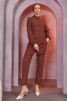 Tesettür giyim KAHVE GÖMLEK YAKA PANTOLONLU TAKIM T 3936