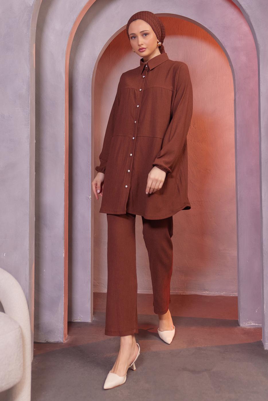 Tesettür giyim KAHVE GÖMLEK YAKA PANTOLONLU TAKIM T 3936