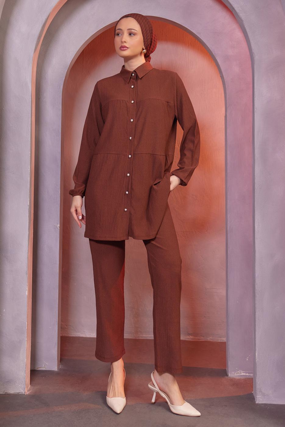 Tesettür giyim KAHVE GÖMLEK YAKA PANTOLONLU TAKIM T 3936