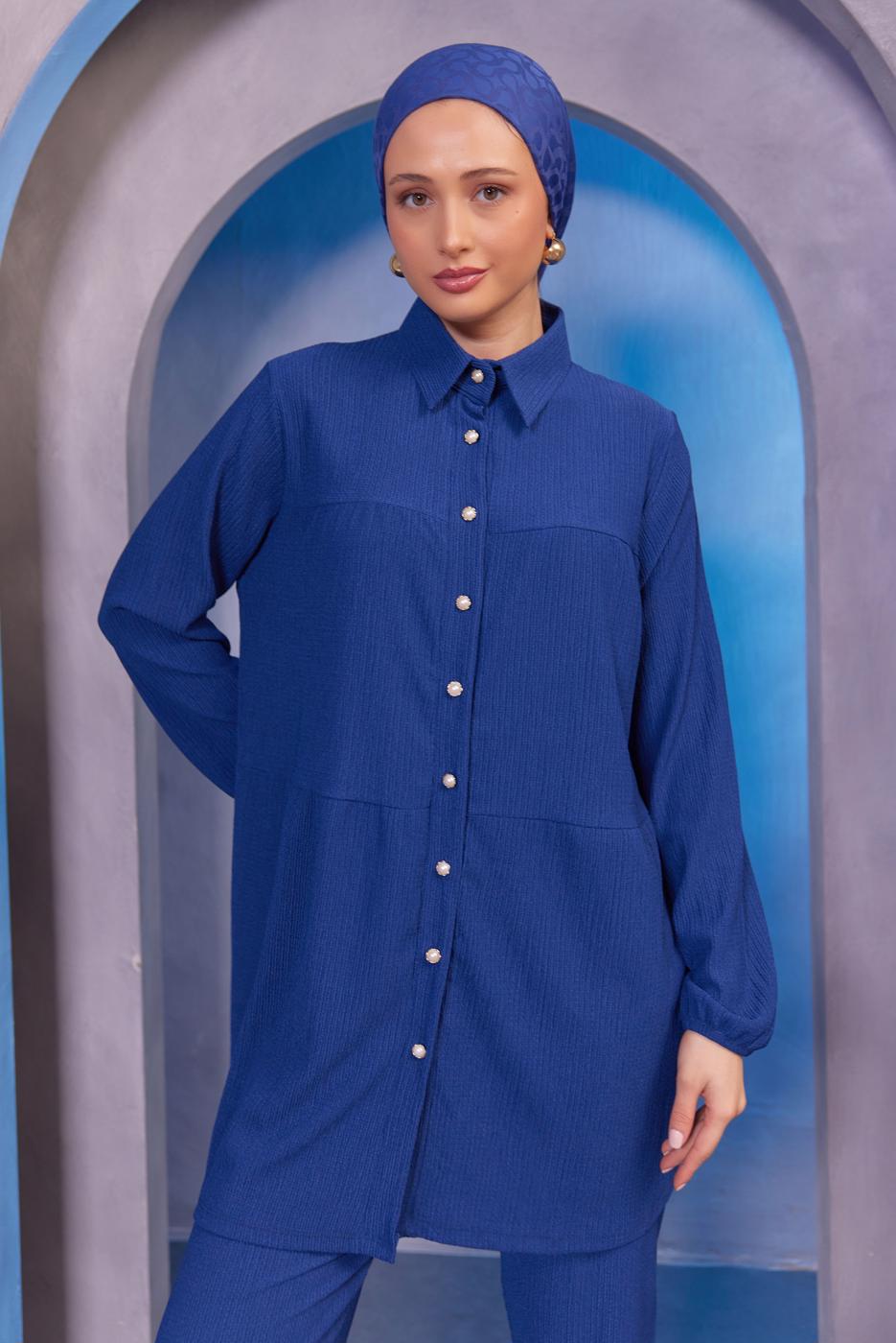 Tesettür giyim LACİVERT GÖMLEK YAKA PANTOLONLU TAKIM T 3936