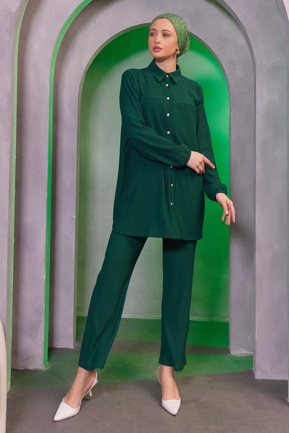 Tesettür giyim YEŞİL GÖMLEK YAKA PANTOLONLU TAKIM T 3936