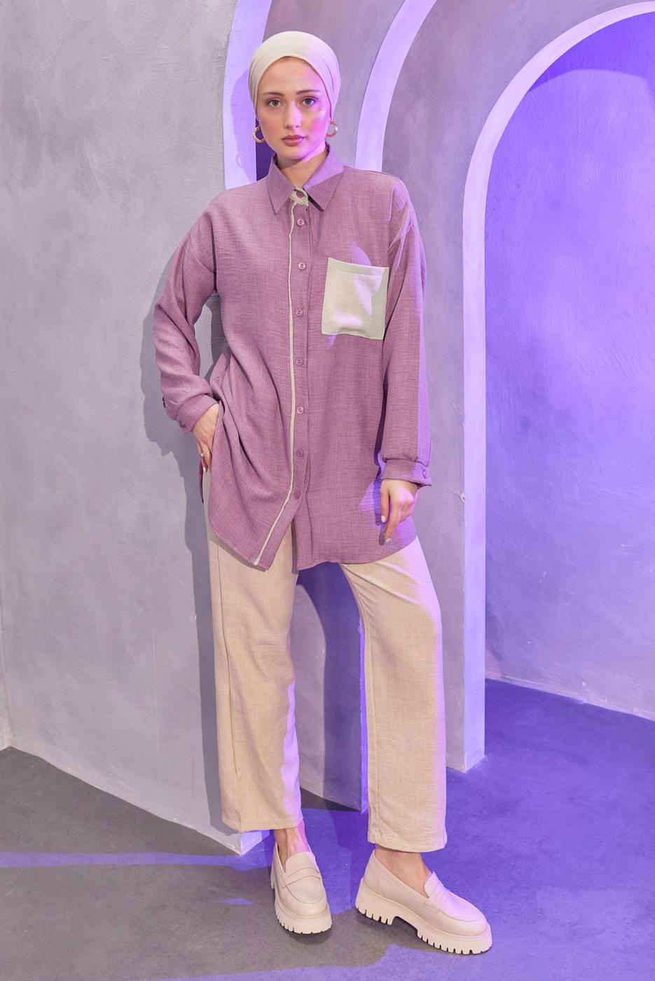 Tesettür giyim MOR GÖMLEK YAKA PANTOLONLU TAKIM T 4004