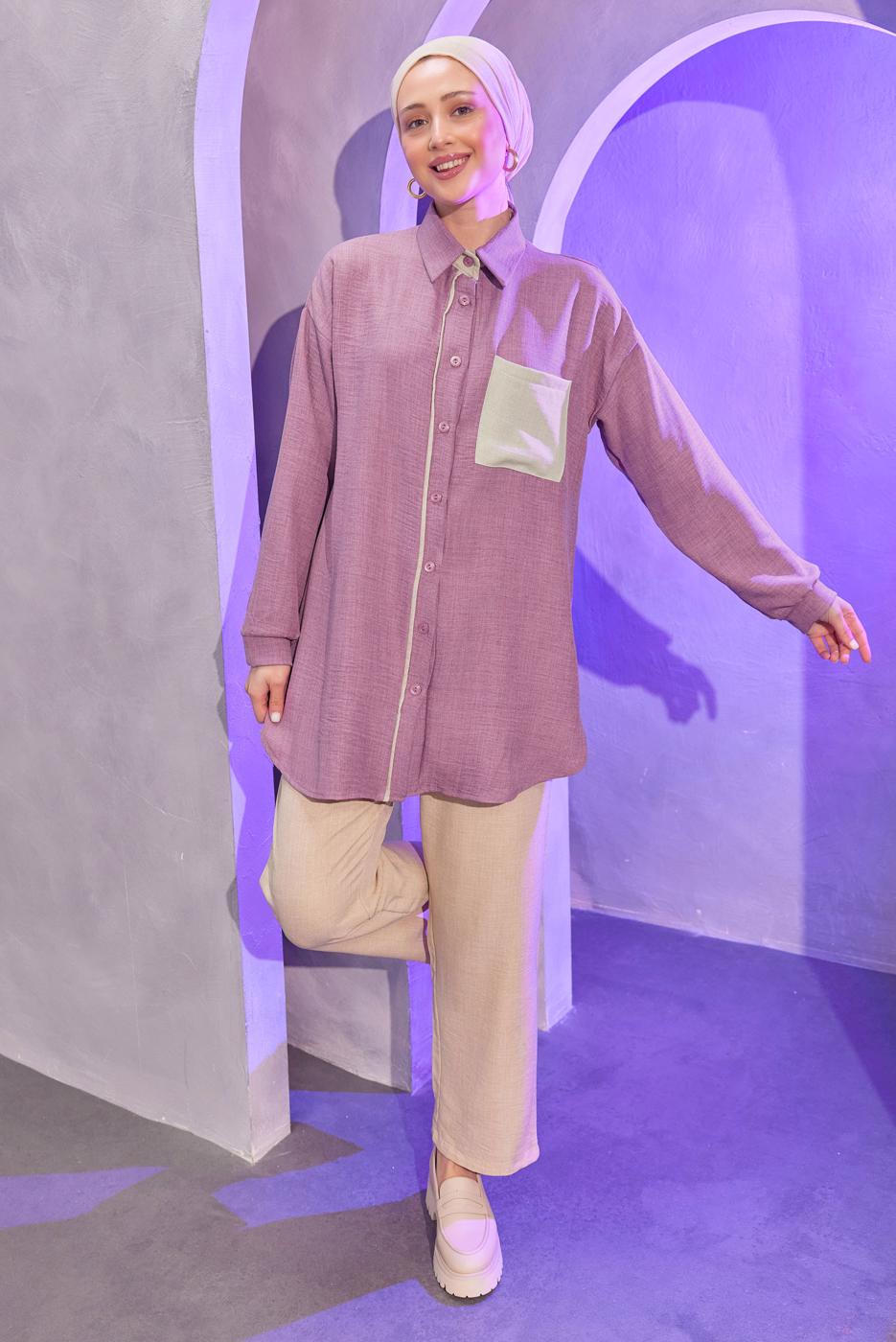 Tesettür giyim MOR GÖMLEK YAKA PANTOLONLU TAKIM T 4004