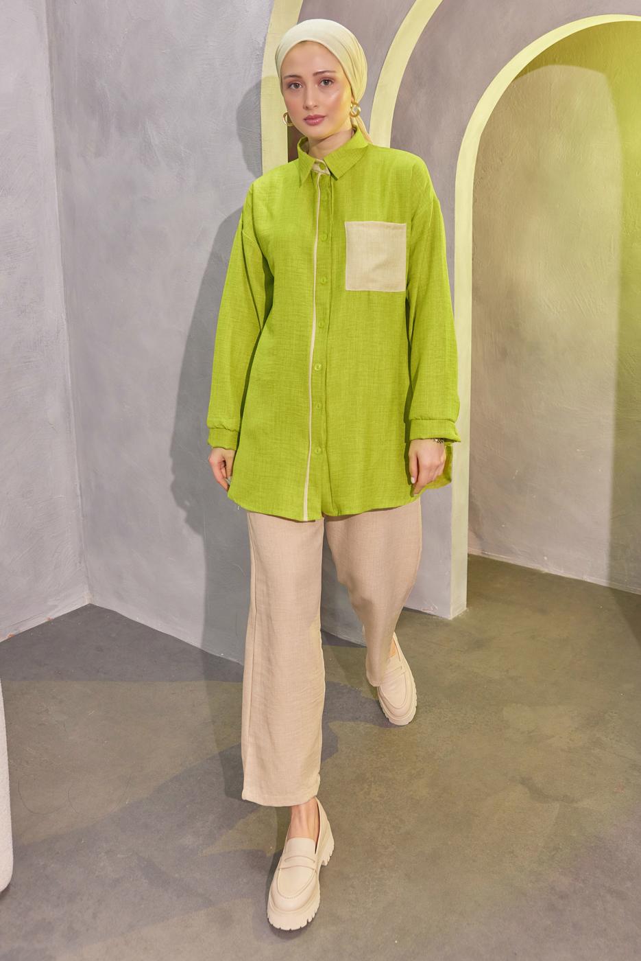 Tesettür giyim YEŞİL GÖMLEK YAKA PANTOLONLU TAKIM T 4004