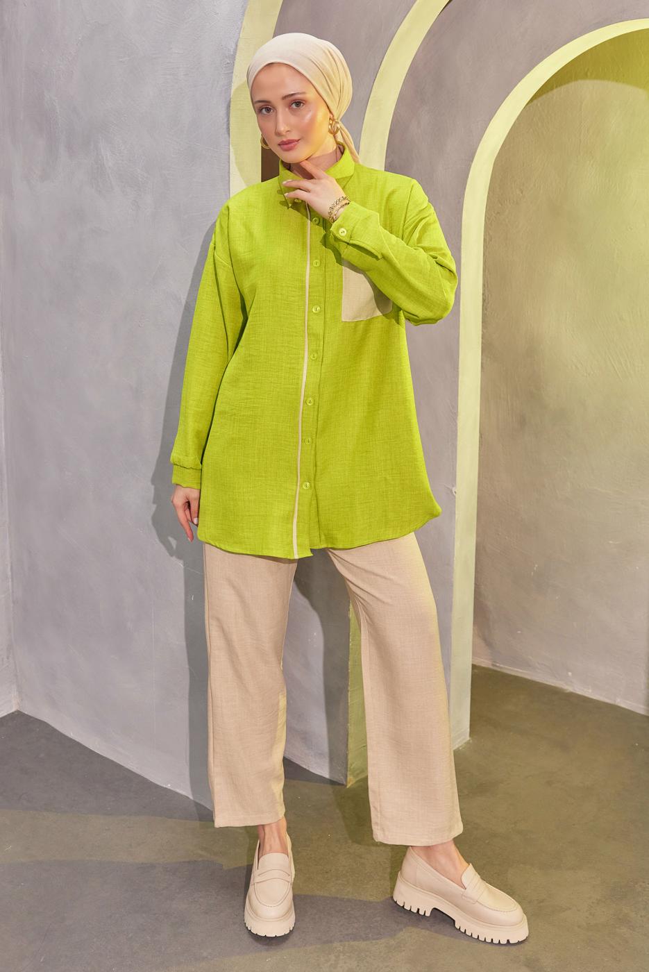 Tesettür giyim YEŞİL GÖMLEK YAKA PANTOLONLU TAKIM T 4004