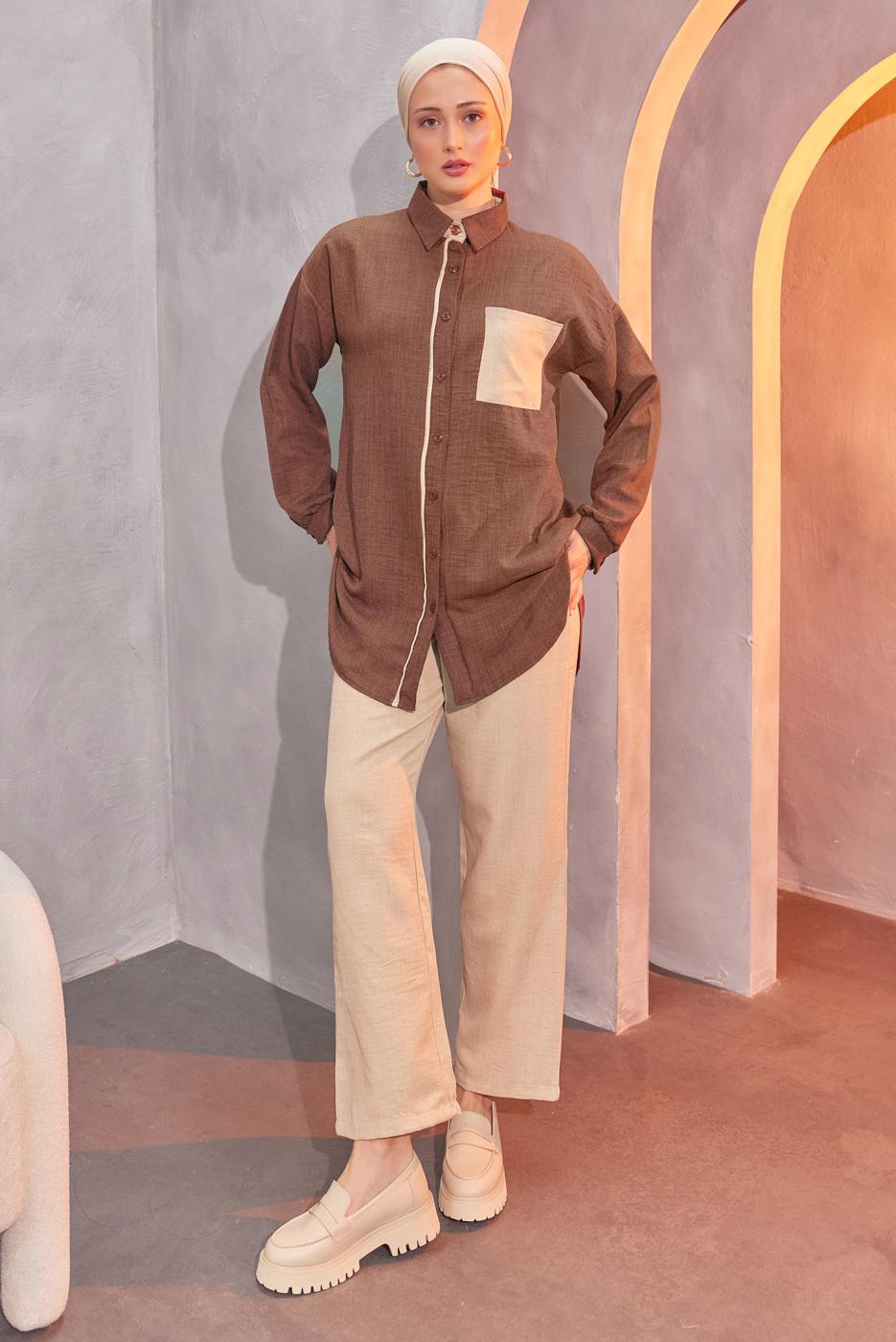 Tesettür giyim KAHVE GÖMLEK YAKA PANTOLONLU TAKIM T 4004