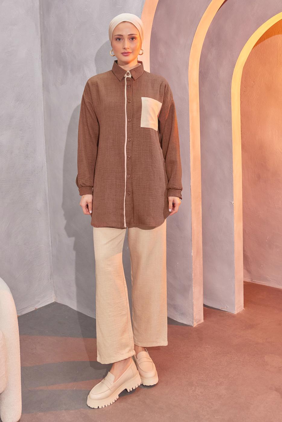 Tesettür giyim KAHVE GÖMLEK YAKA PANTOLONLU TAKIM T 4004