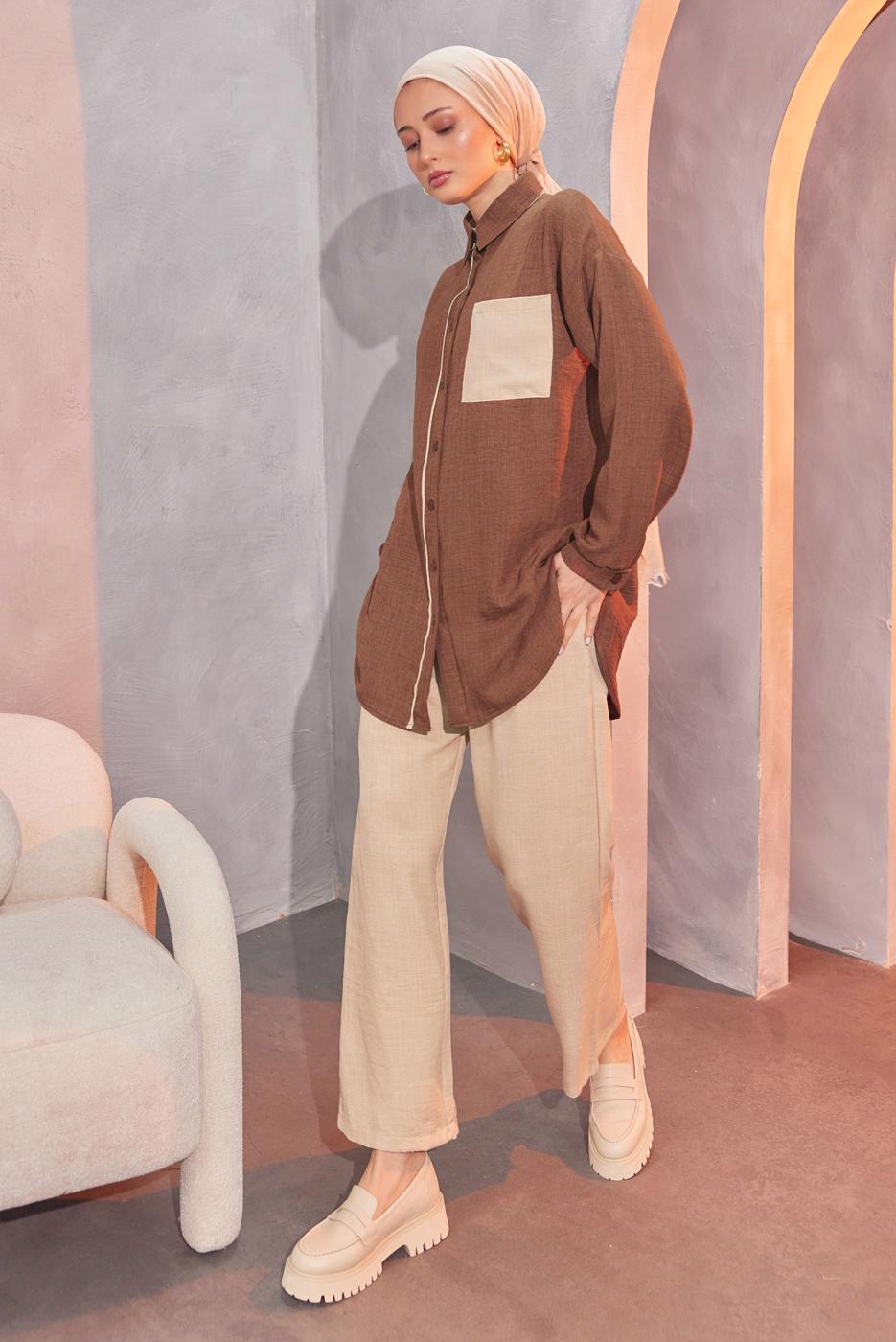 Tesettür giyim KAHVE GÖMLEK YAKA PANTOLONLU TAKIM T 4004
