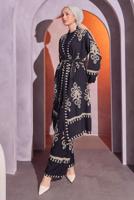 Tesettür giyim SİYAH DESENLİ KUŞAKLI PANTOLONLU TAKIM T 4014