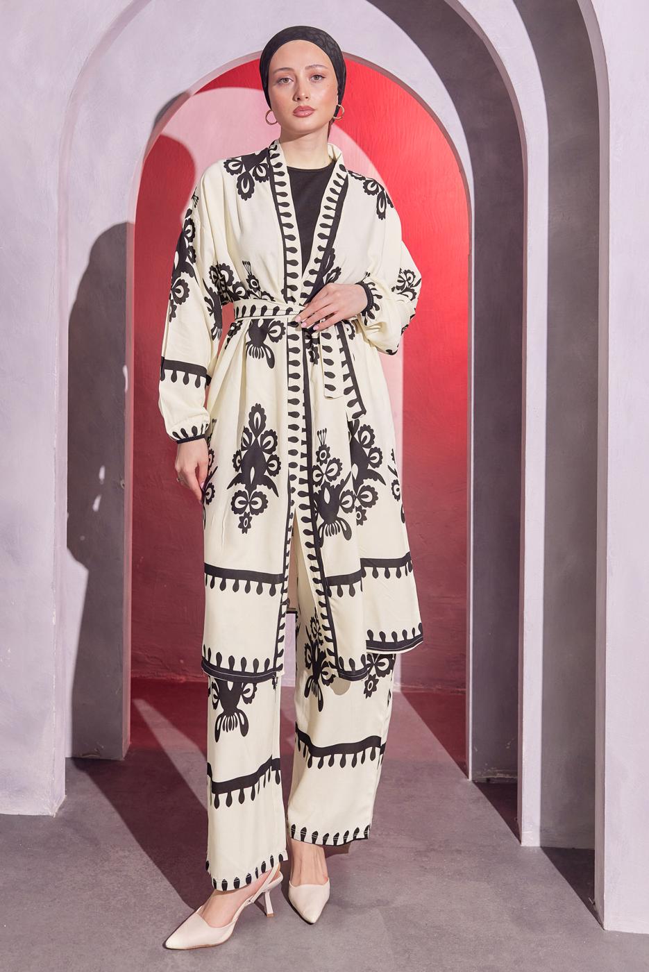 Tesettür giyim KREM DESENLİ KUŞAKLI PANTOLONLU TAKIM T 4014