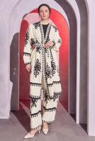 Tesettür giyim KREM DESENLİ KUŞAKLI PANTOLONLU TAKIM T 4014