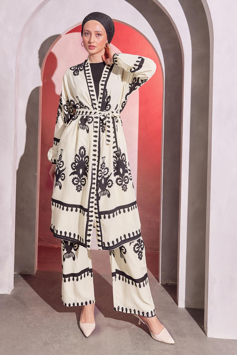 Tesettür giyim KREM DESENLİ KUŞAKLI PANTOLONLU TAKIM T 4014