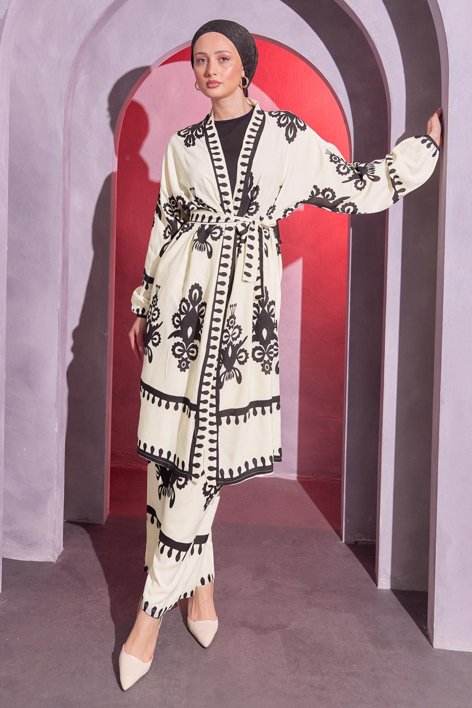 Tesettür giyim KREM DESENLİ KUŞAKLI PANTOLONLU TAKIM T 4014