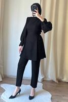 Tesettür giyim SİYAH BAĞCIK DETAYLI PANTOLONLU TAKIM T 4016