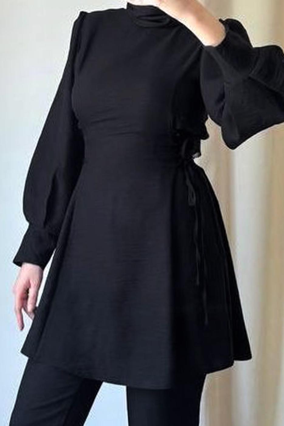 Tesettür giyim SİYAH BAĞCIK DETAYLI PANTOLONLU TAKIM T 4016