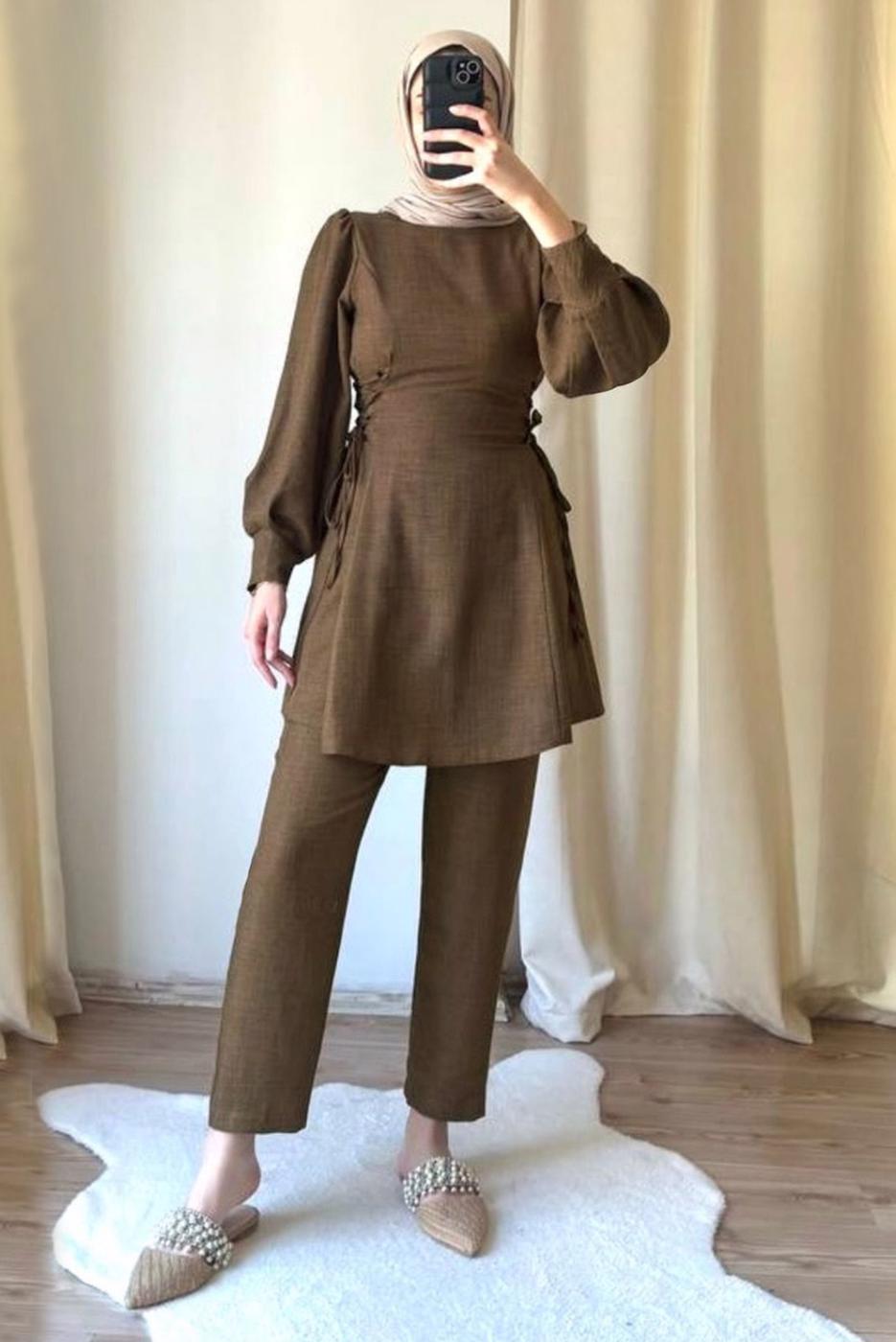 Tesettür giyim KAHVE BAĞCIK DETAYLI PANTOLONLU TAKIM T 4016